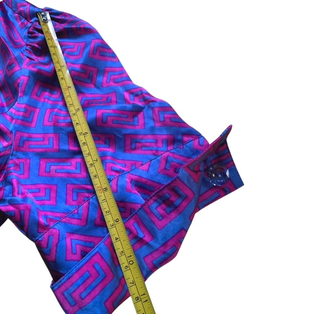 VTG ECI New York 100% Silk Blouse Asymmetric Wrap Geometric Purple Blue Size 14 - Picture 7 of 8